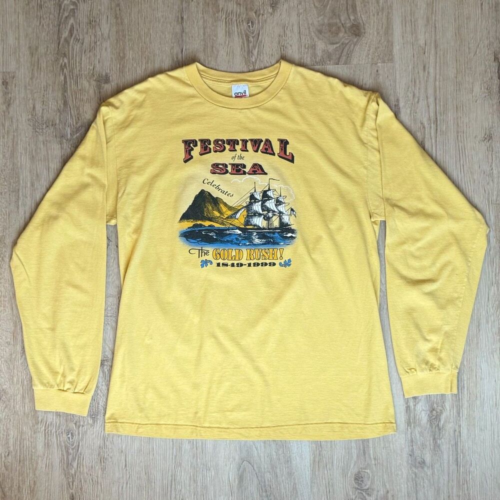 Vintage Anvil Festival Of The Sea Long Sleeve Tee XL Yellow Gold Rush 1849-1999